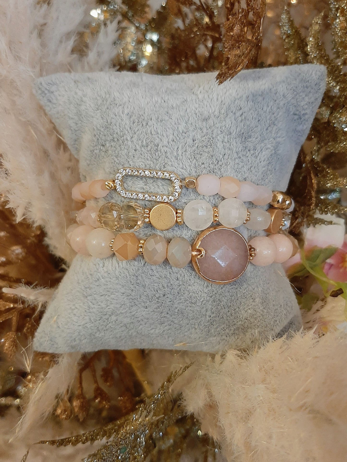3 STRAND OF ROSE QUARTZ & NATURAL STONES