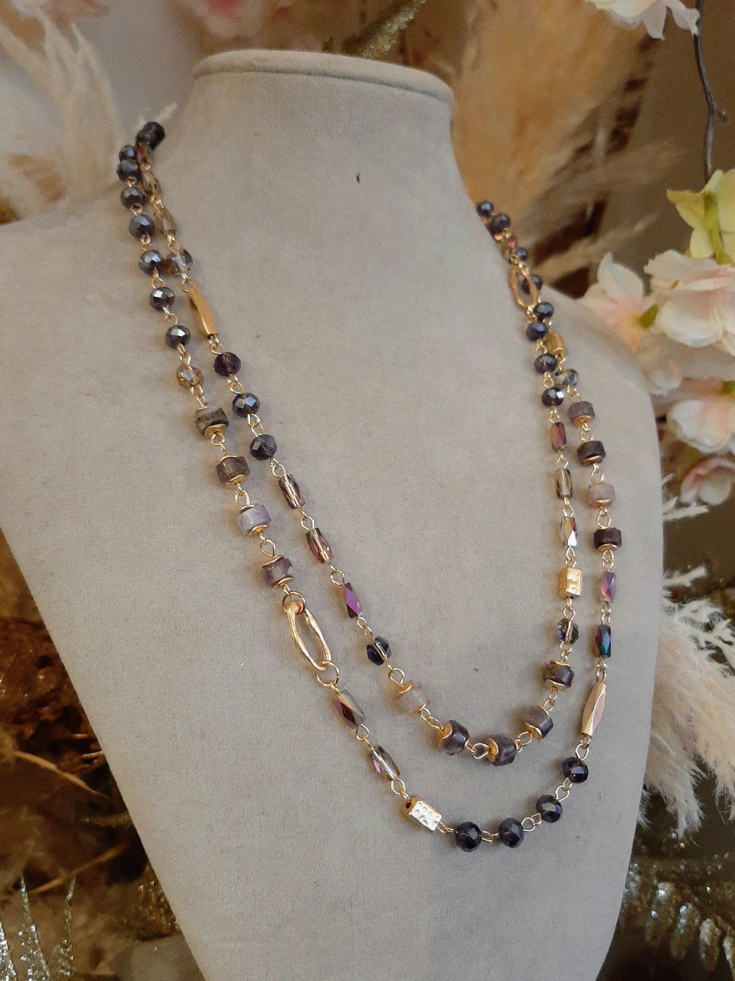 MULTI LAYER SEMI PRECIOUS CRYSTAL NECKLACE