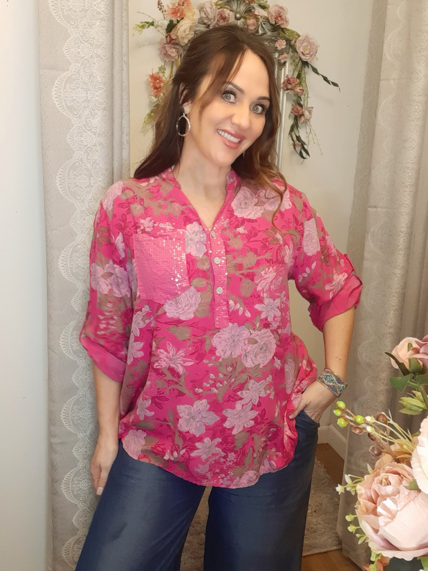 The Florine Top-Vintage Floral Sequin Blouse-Fushia 8-16