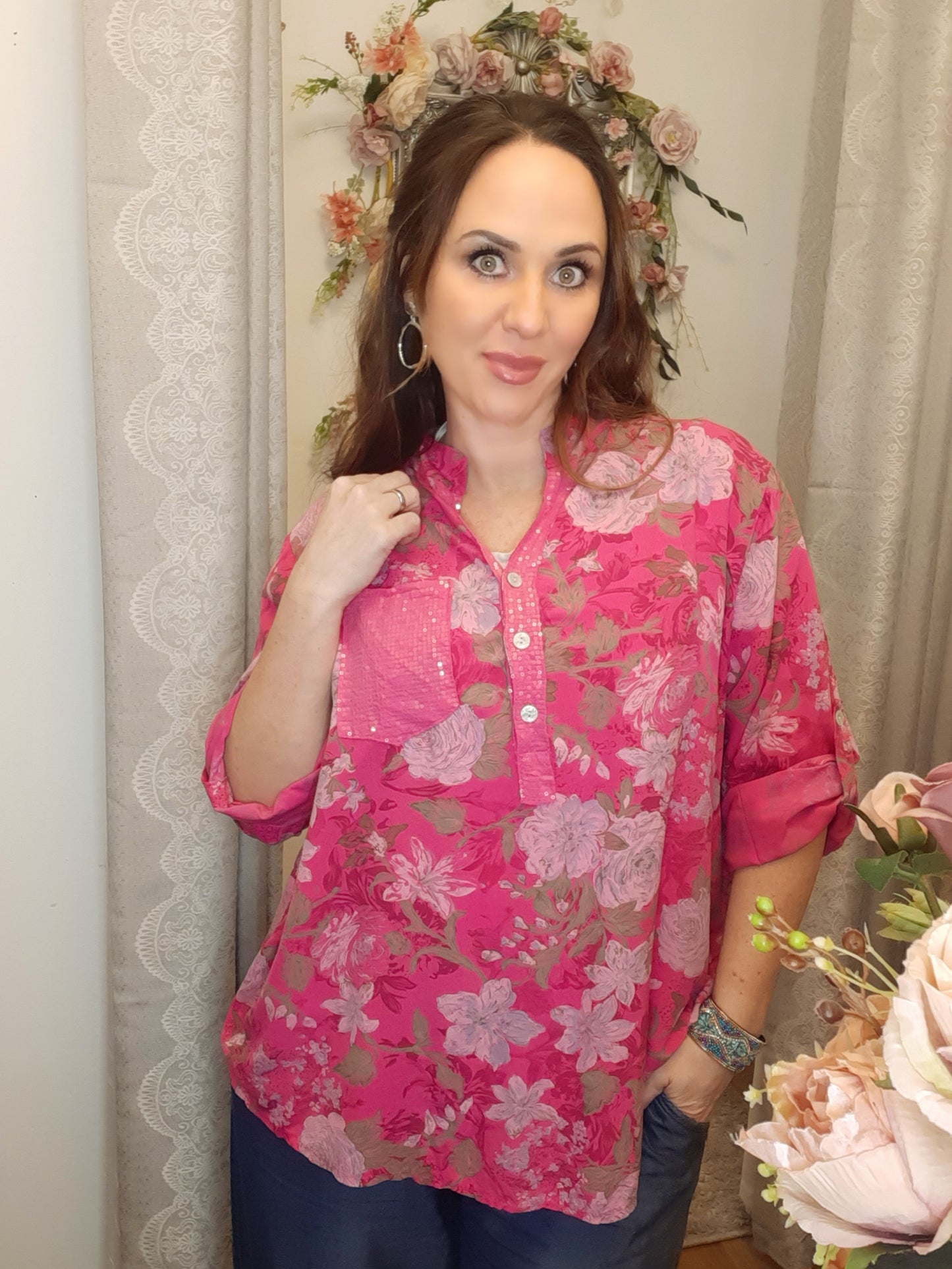 The Florine Top-Vintage Floral Sequin Blouse-Fushia 8-16