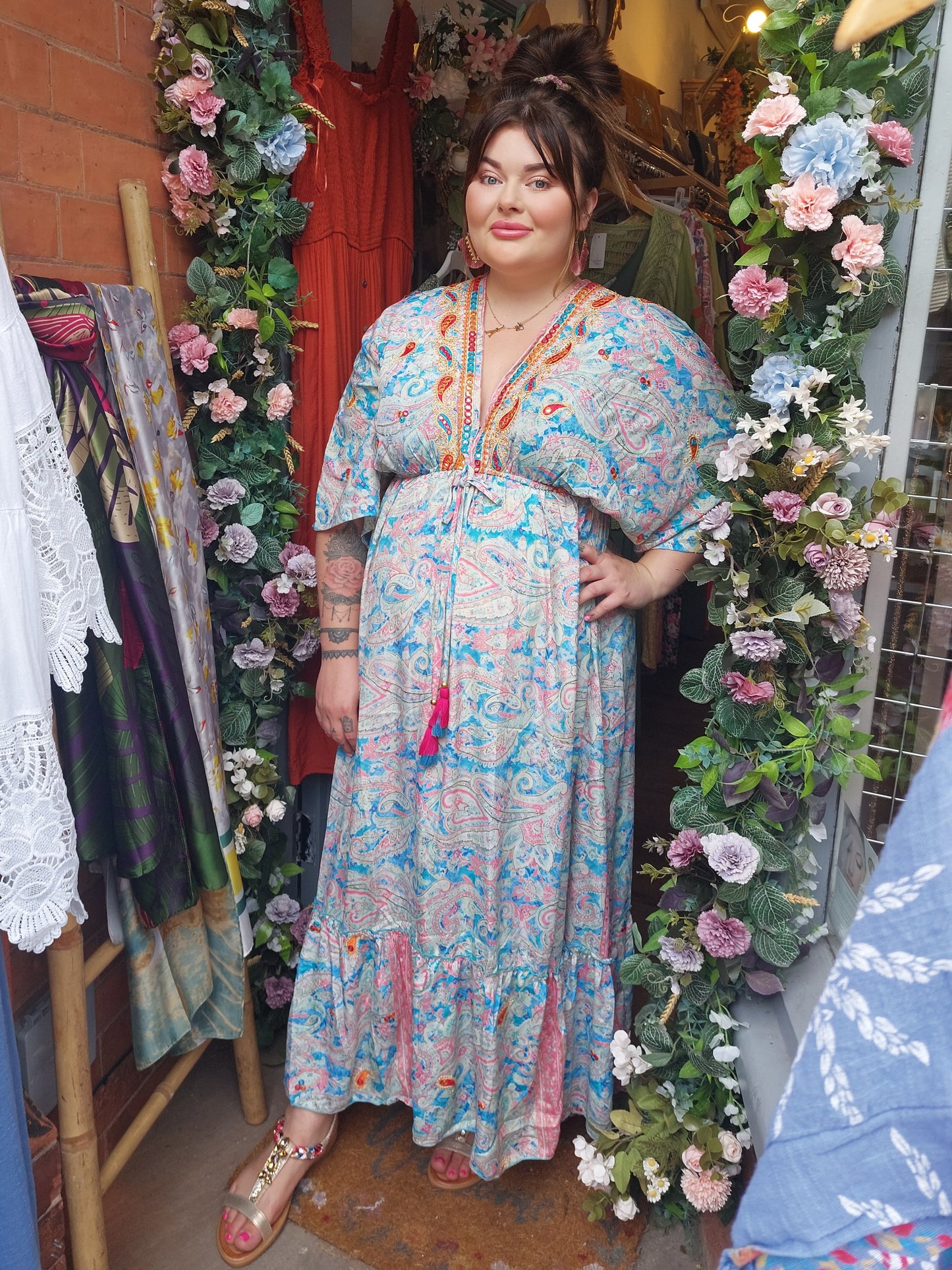 The Alishia-100% SILK Blue Kaftan Dress-Size 8-18