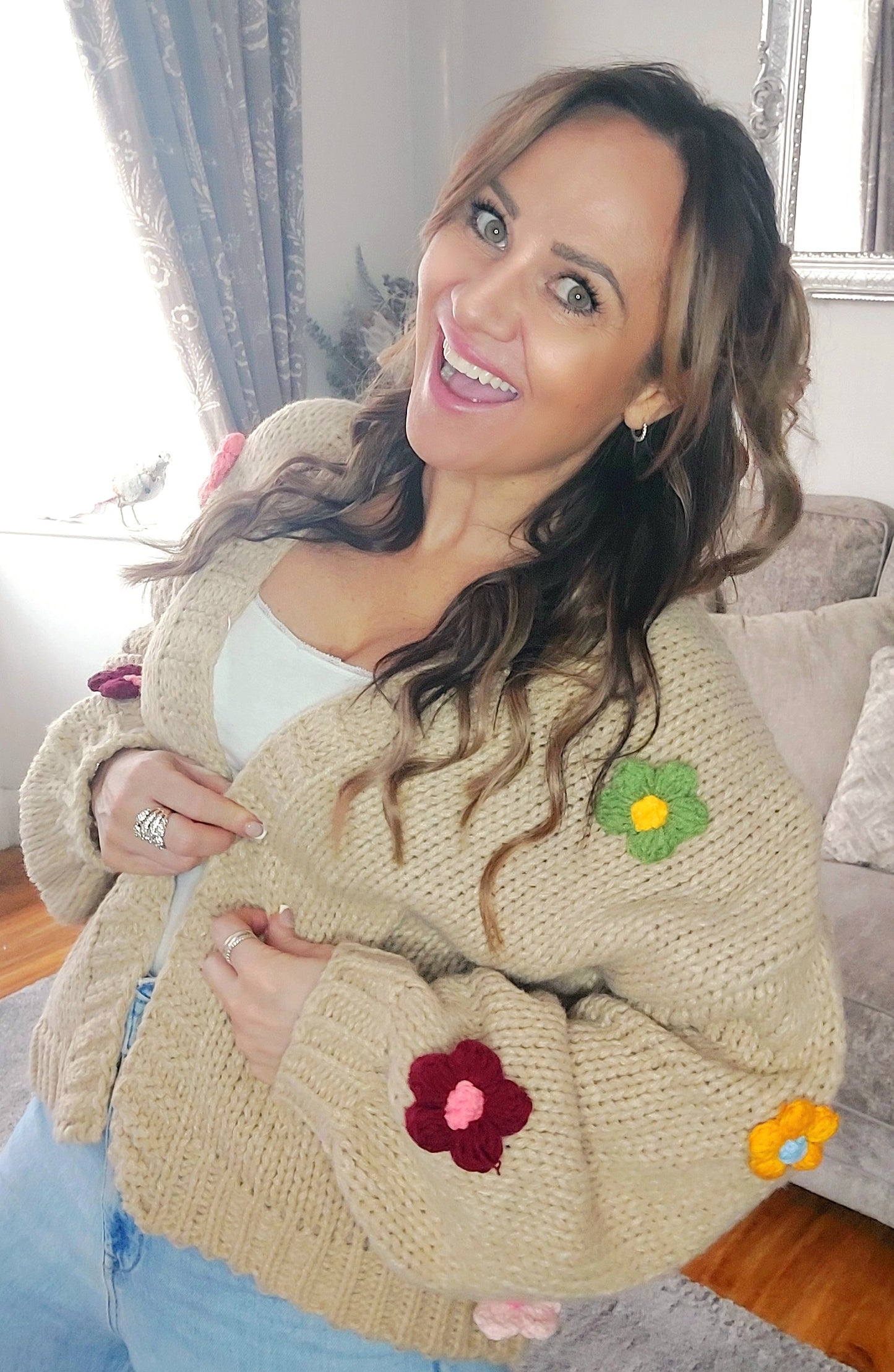 3D Daisy Applique Chunky Knit Cardigan- Biscuit 8-16