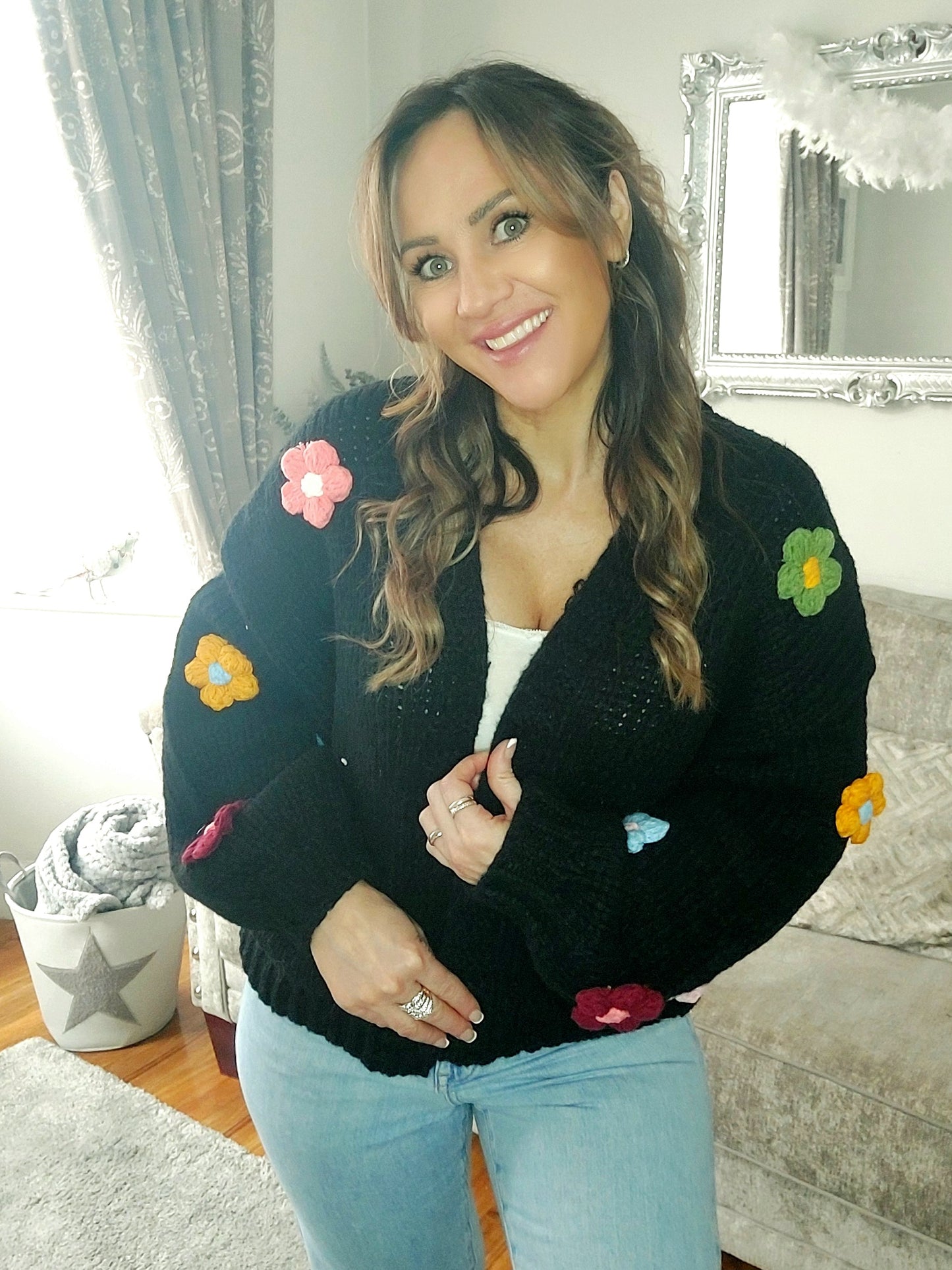 3D Daisy Chunky Knit Cardigan-Black 8-14