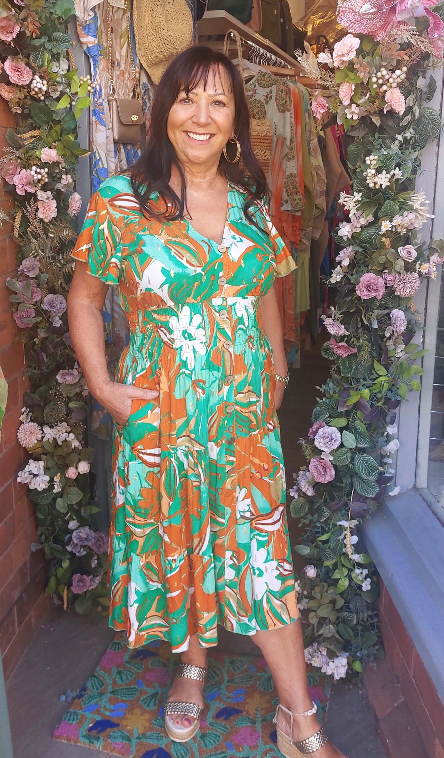 Floral Midi Dress Gold Embellished 8-18