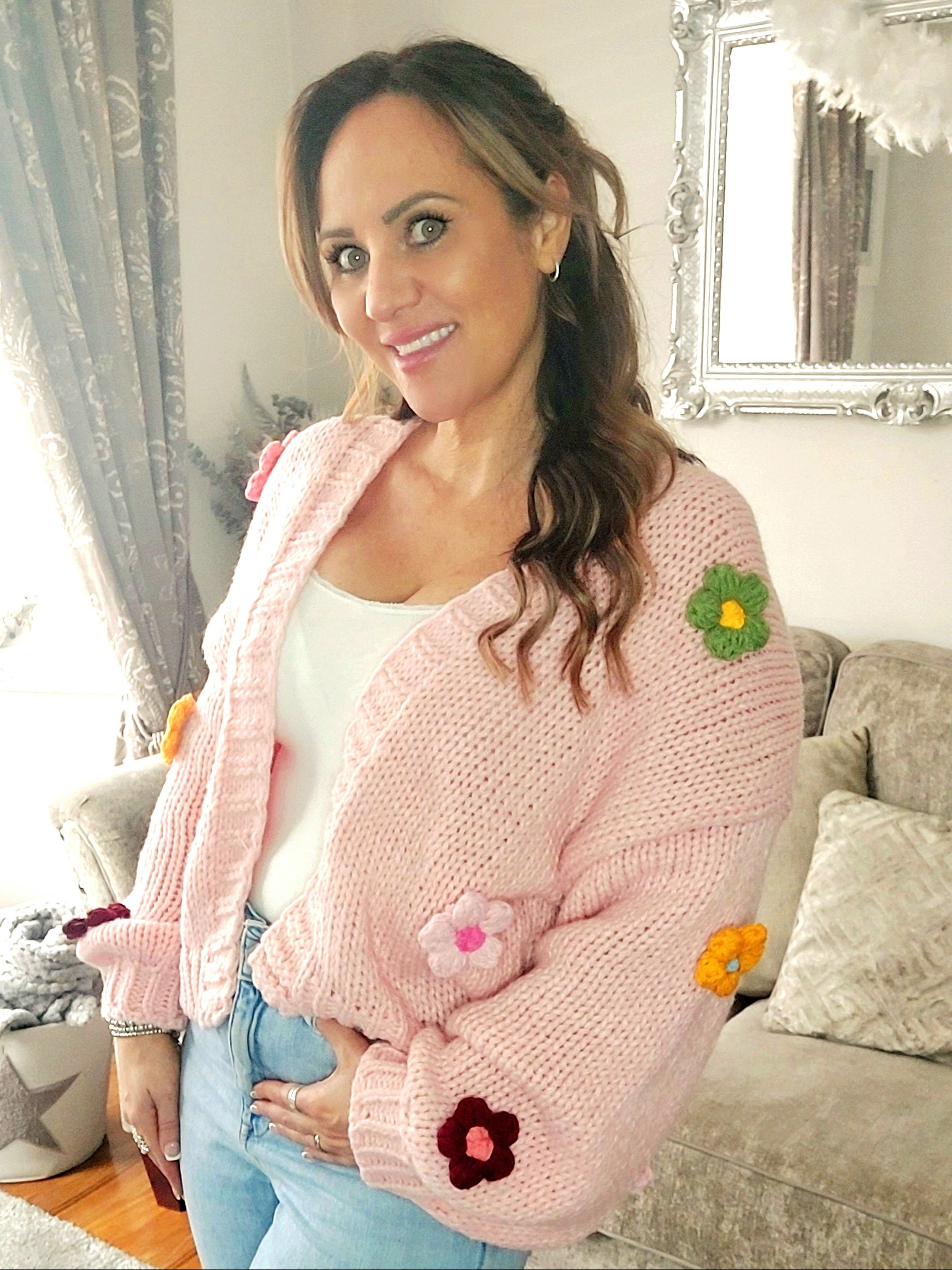 3D Daisy Chunky knit Cardigan-Pink 8-14 - Main Image