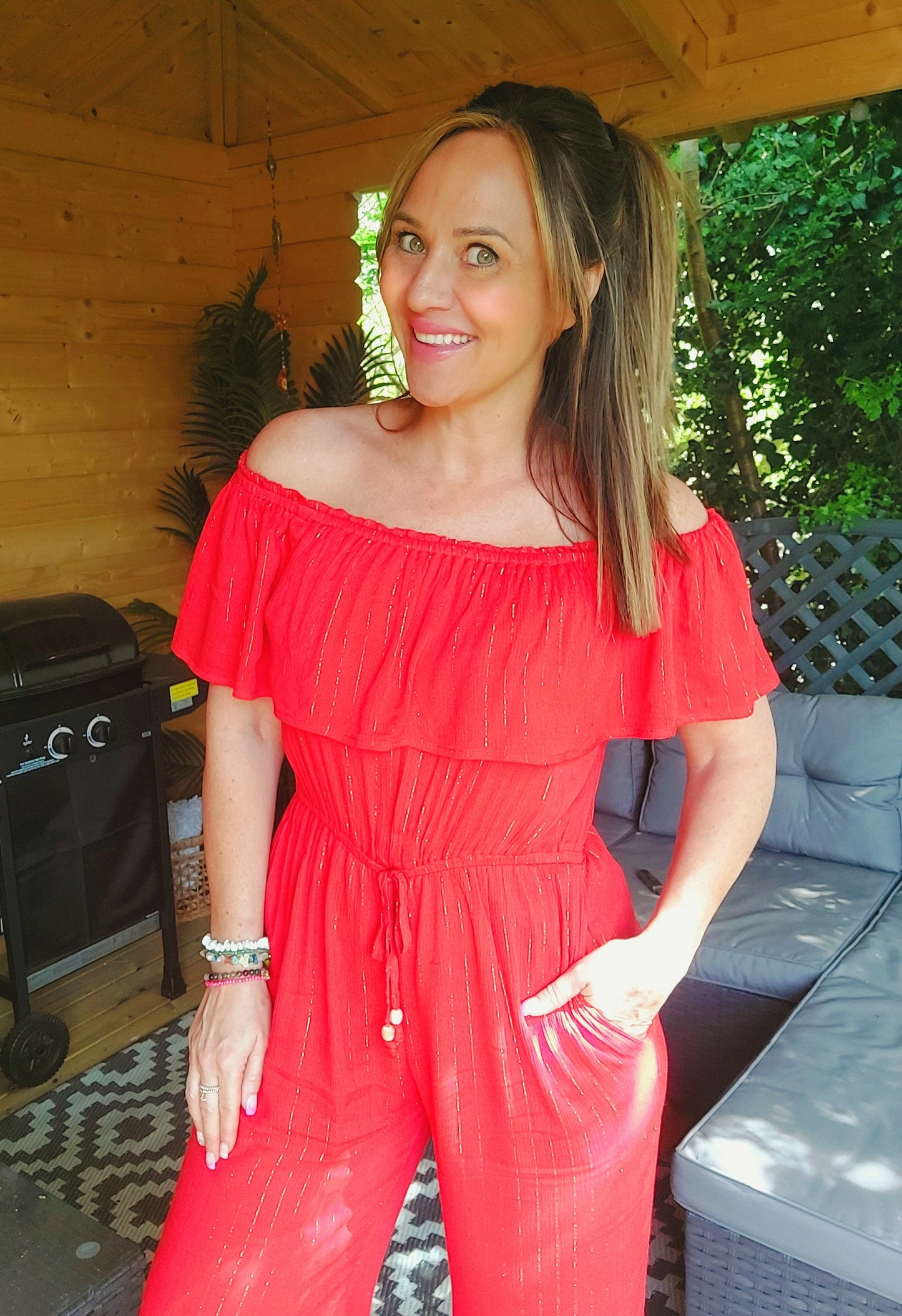 **SALE ** Topicana Red & Gold Bardot Jumpsuit-Various Sizes