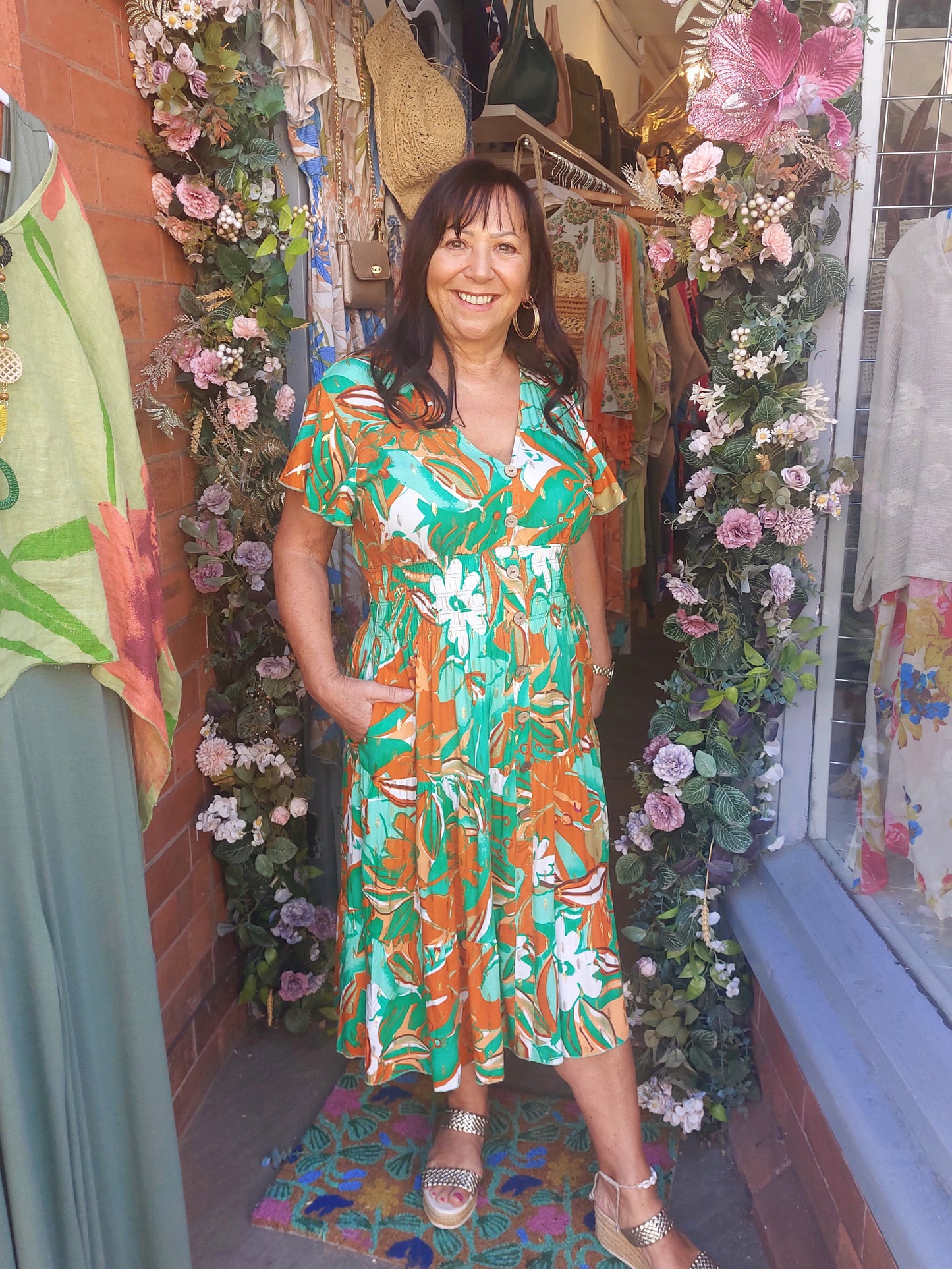 Floral Midi Dress Gold Embellished 8-18