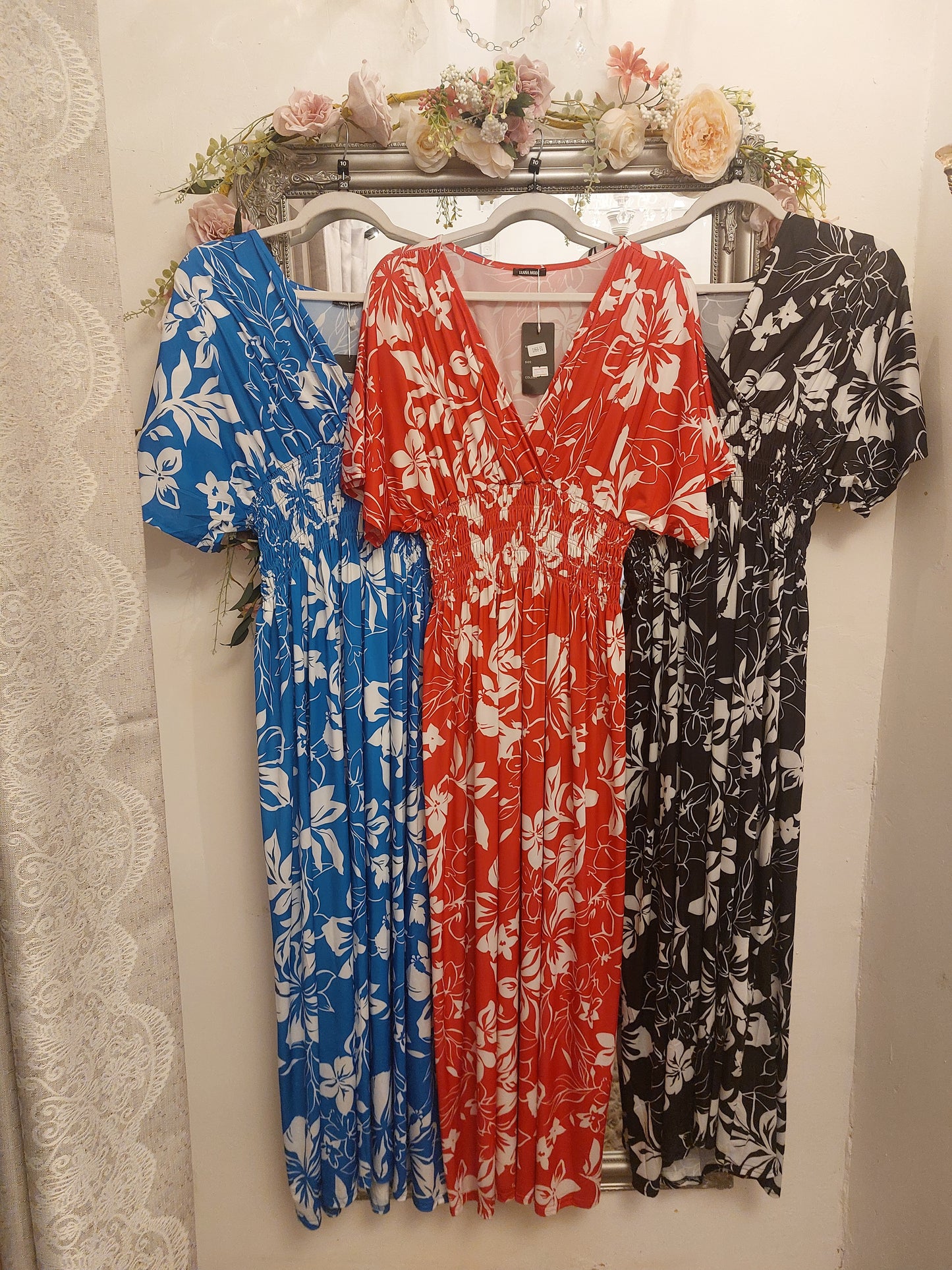Blue Floral Stretchy Maxi Dress-3 Colours Available. Size 10-20