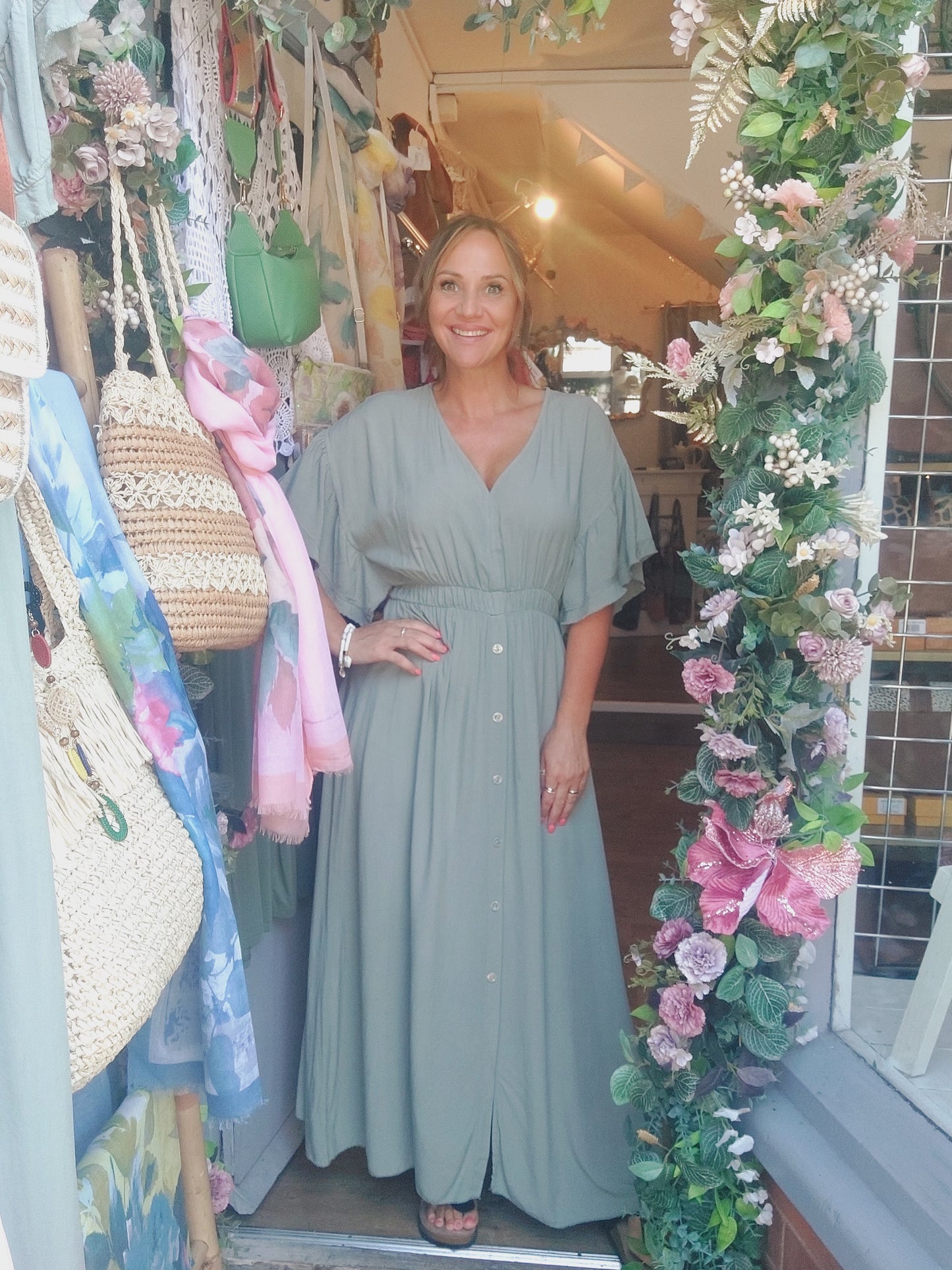 **SALE** The Grecian Khaki & Coral Maxi Dress 8-18