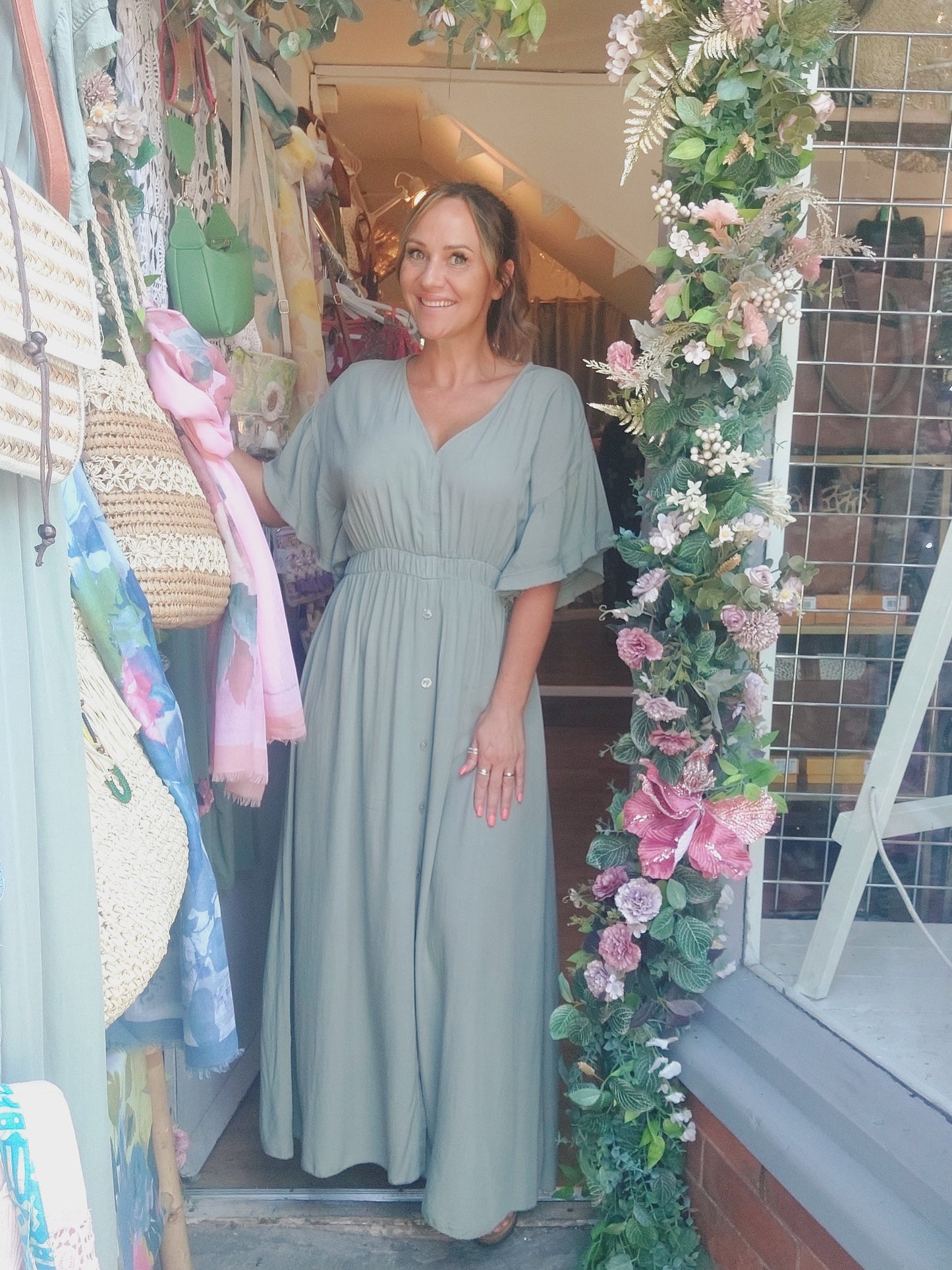 **SALE** The Grecian Khaki & Coral Maxi Dress 8-18