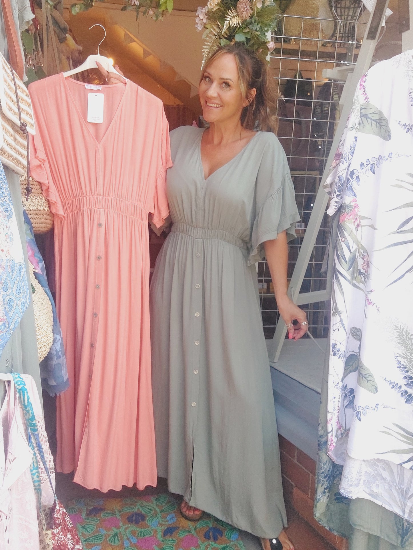 **SALE** The Grecian Khaki & Coral Maxi Dress 8-18