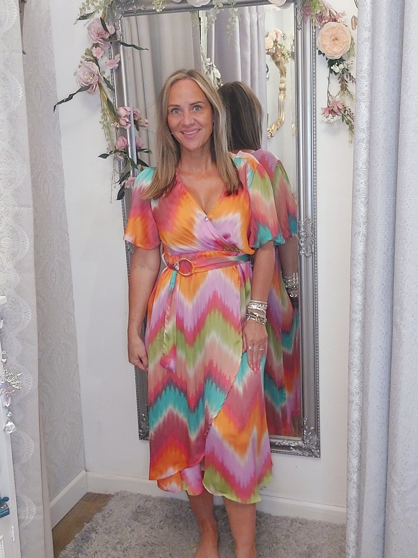 **SALE ** The Rainbow Wrap Belt Midi Dress-Pink