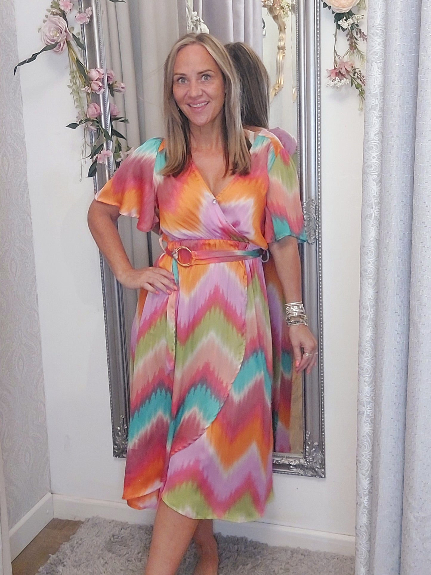 **SALE ** The Rainbow Wrap Belt Midi Dress-Pink