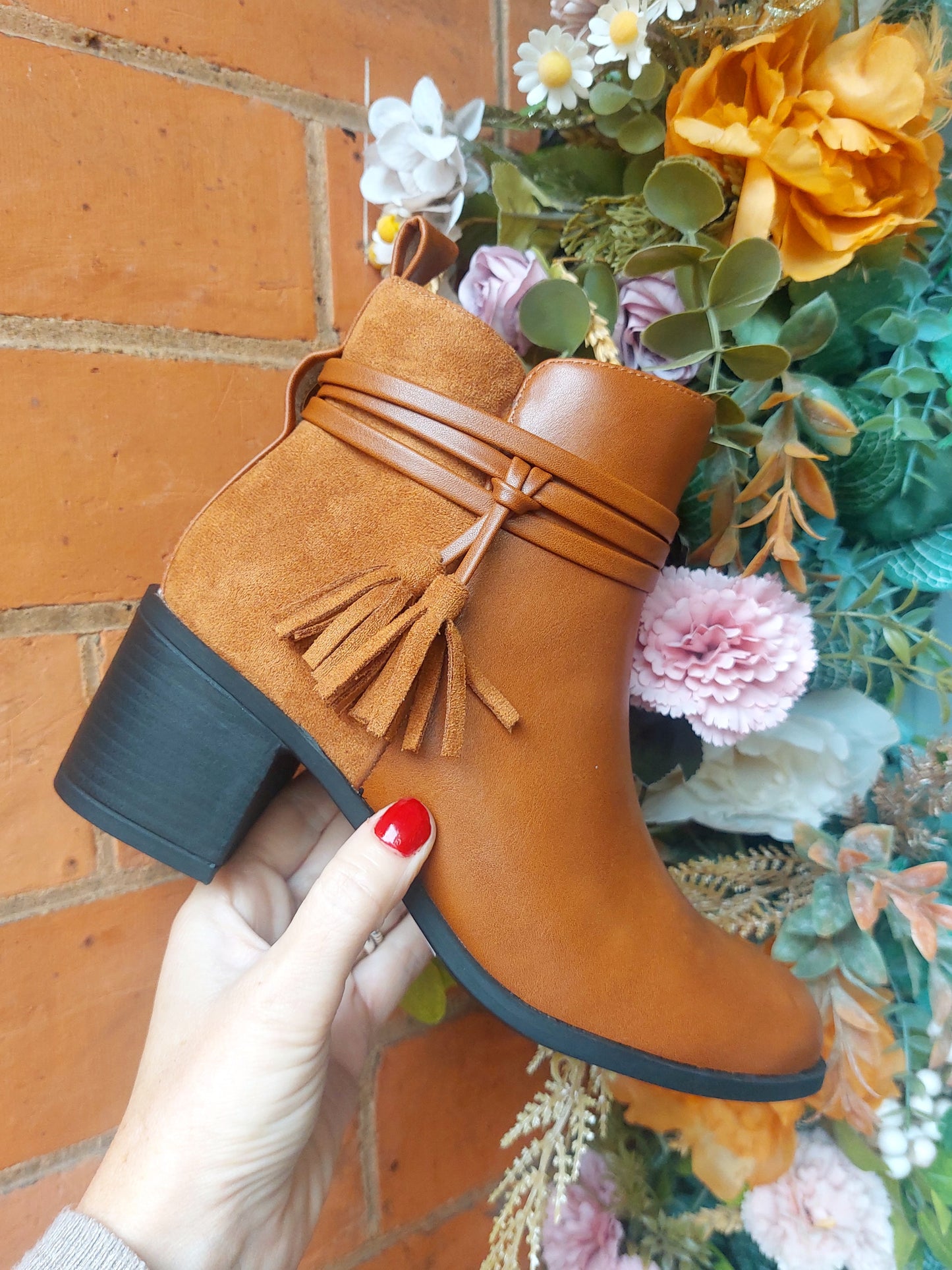 Camel Part Suede/Leather Tassle Boho Block Heel Ankle Boots 3-8