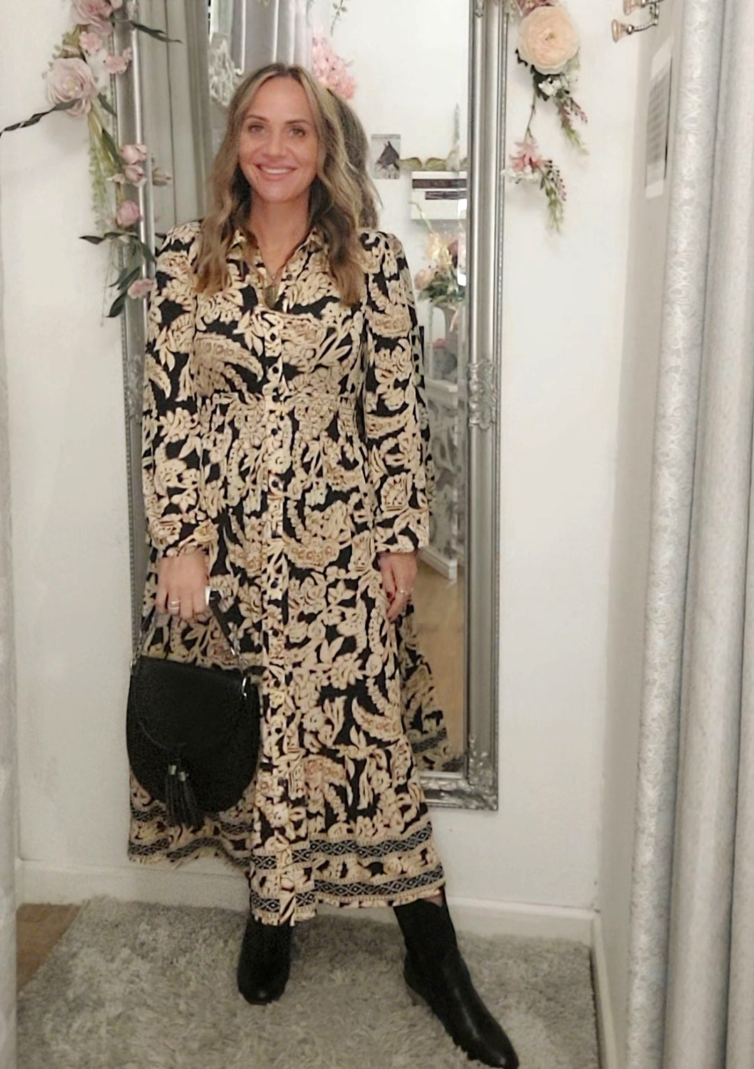 The Ivy-Autumn Cream & Black Maxi/Midi Shirt Dress Various Sizes 8-18