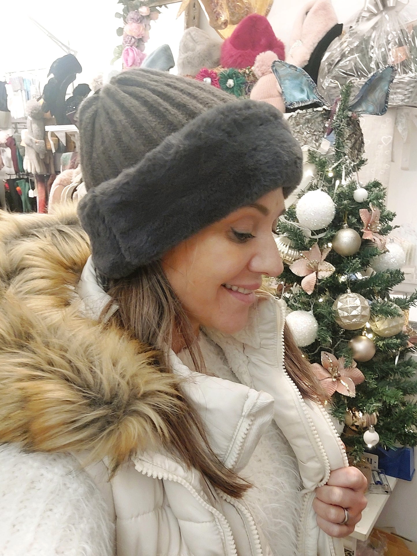 Grey Knitted Faux Fur Band Hat-Warm