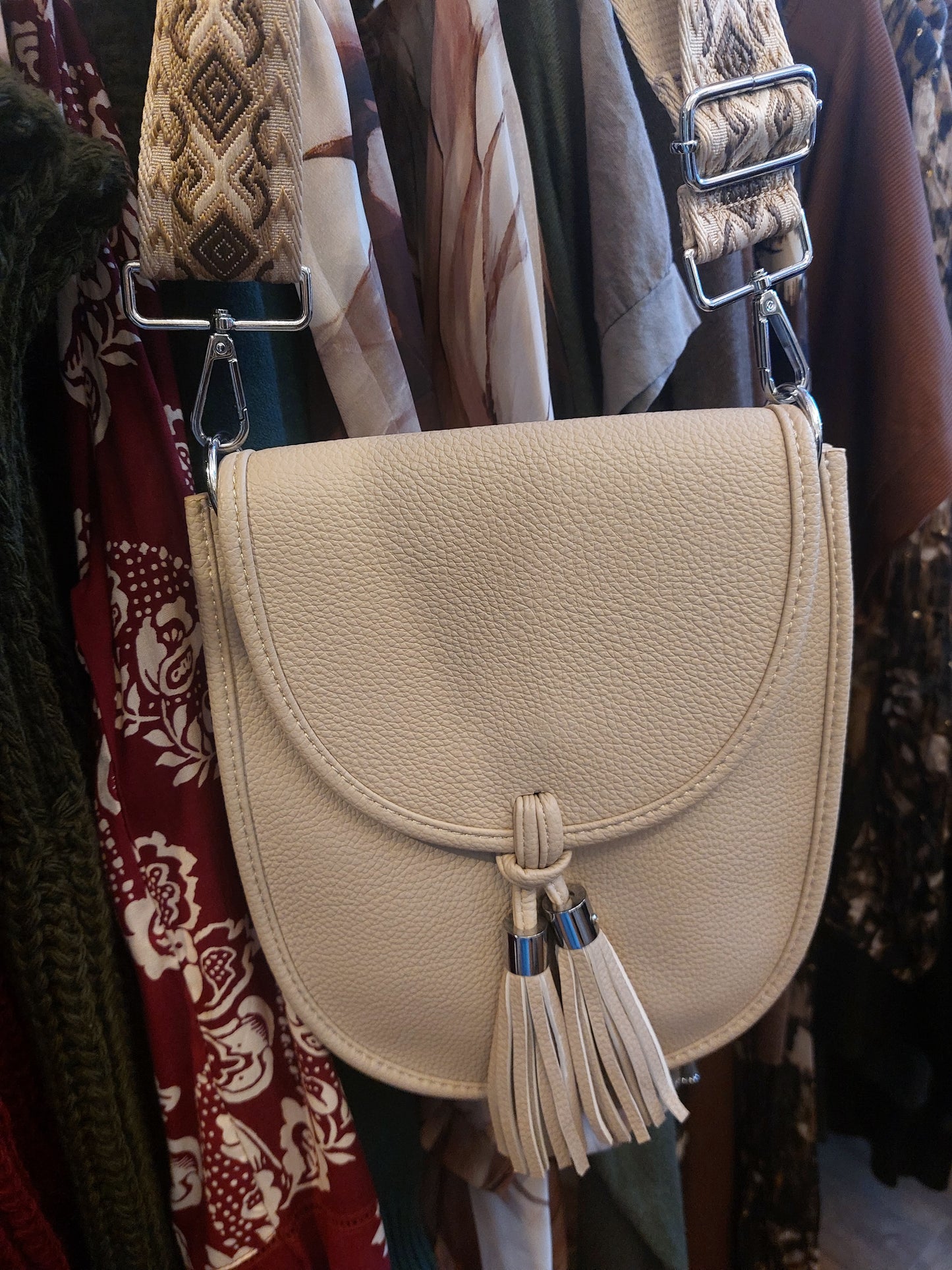 Cross Body Tassle Bag-Cream
