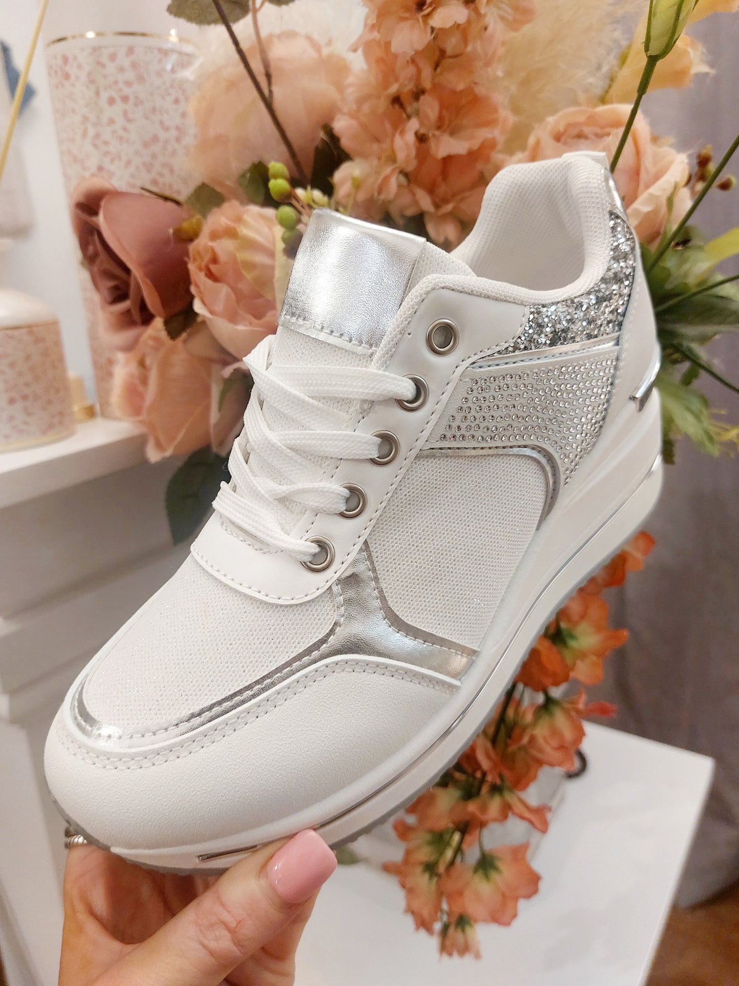 The Cinderella Wedge Trainer- Silver Rhinestones-Regular to Wide Fit
