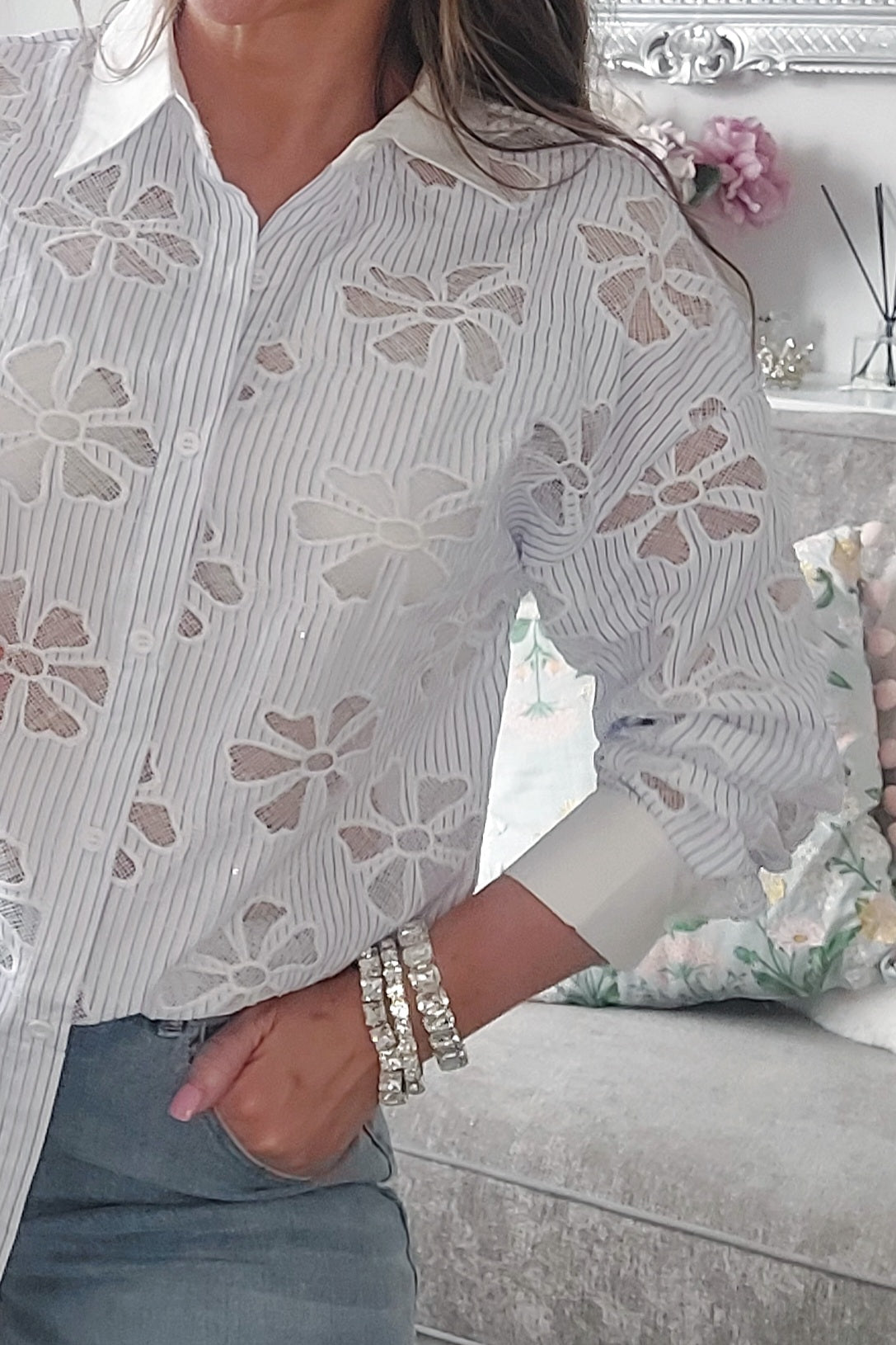 Cut out Daisy Embroidered Sequin Striped Shirt 8-16