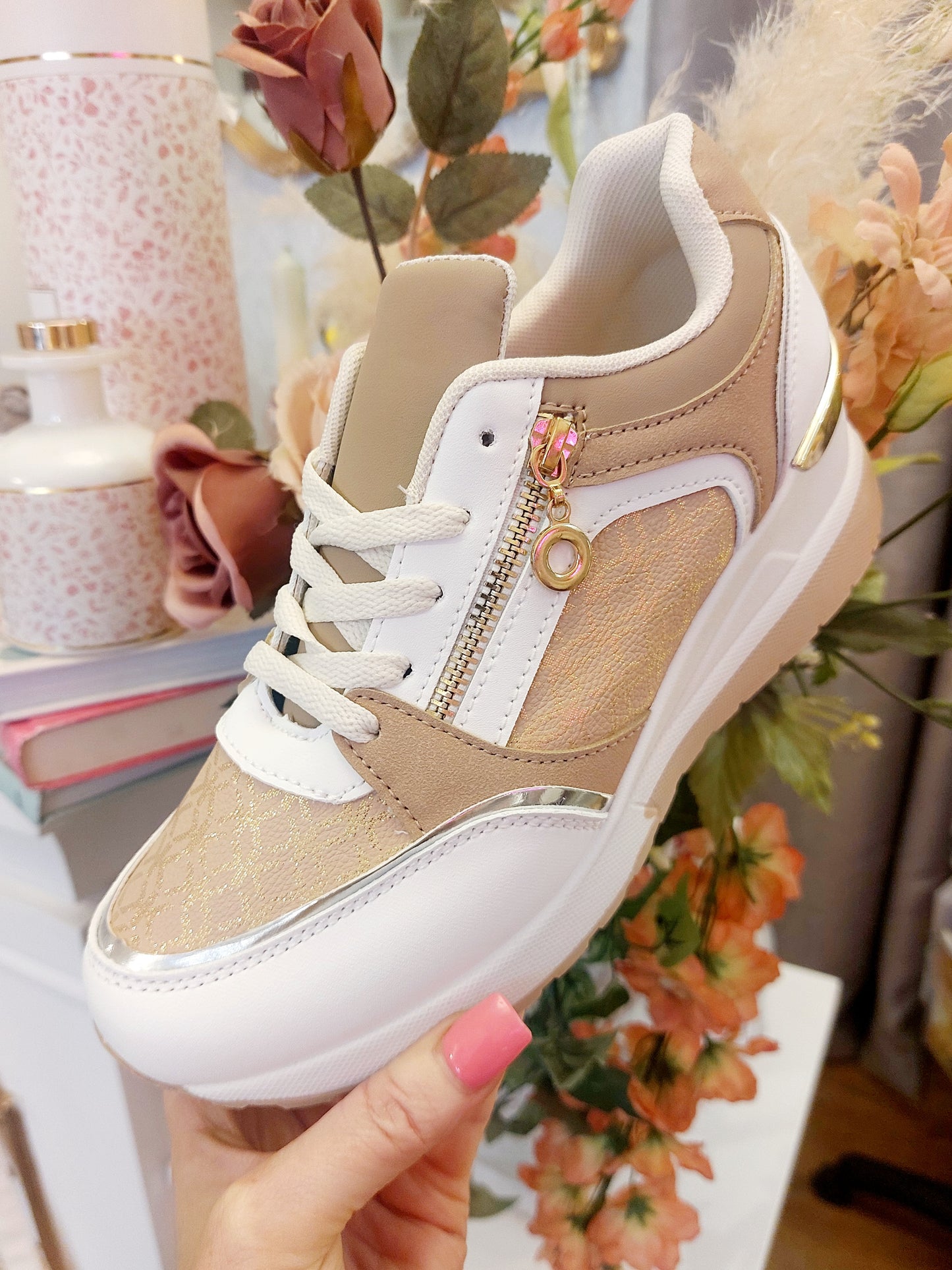 Beige Wedge Zip Trainers-Slim to Regular Fit