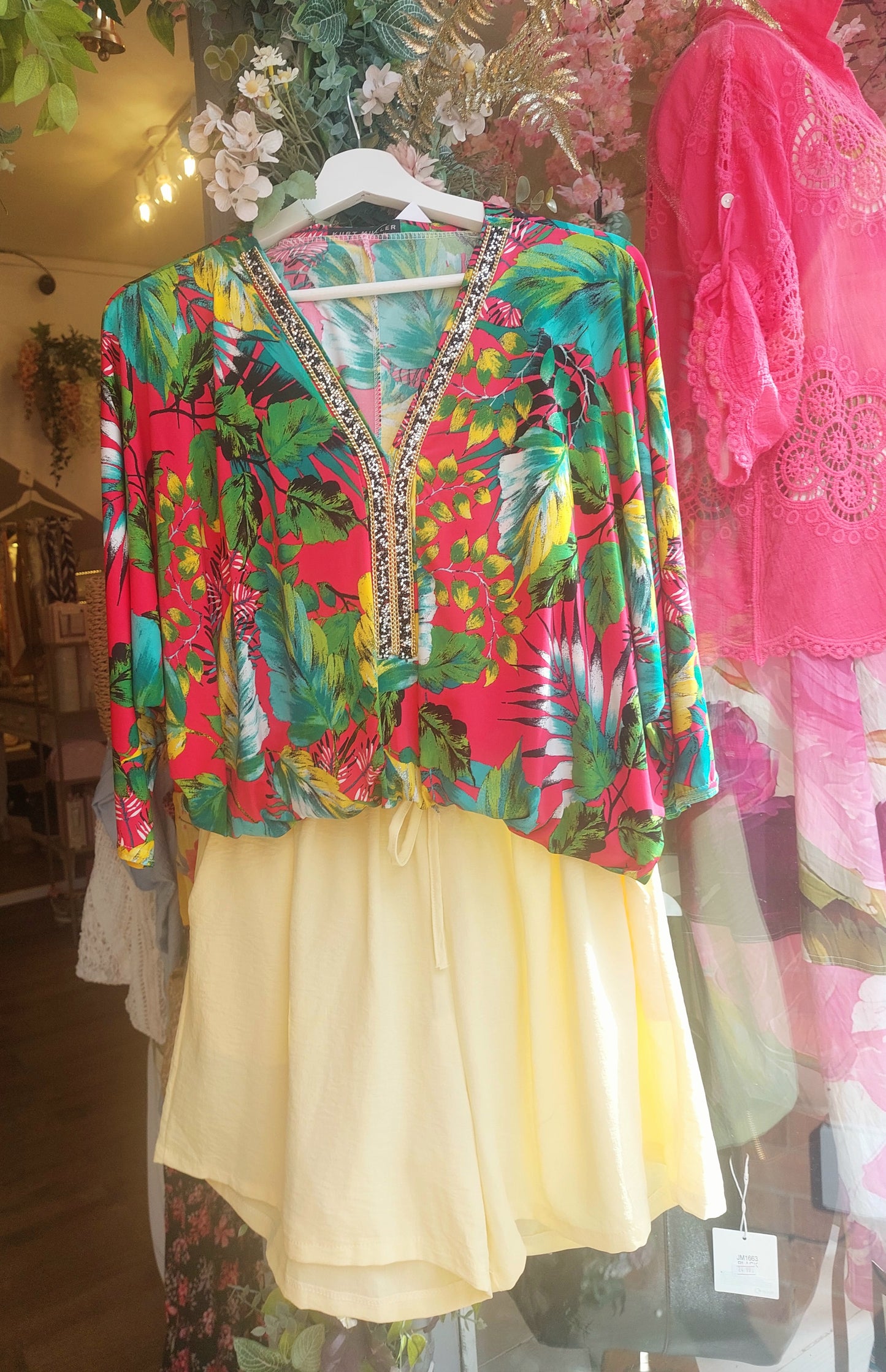Embellished Fushia Tropical Print Top 8-16