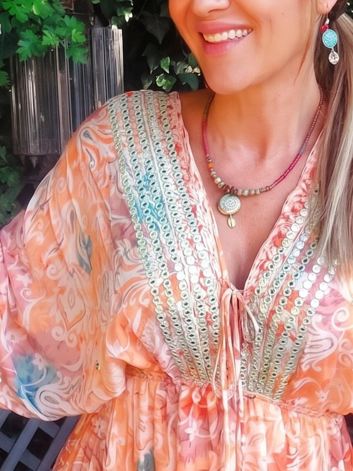 Coral Embellished Made In India Maxi Dress 70%Silk 8-16