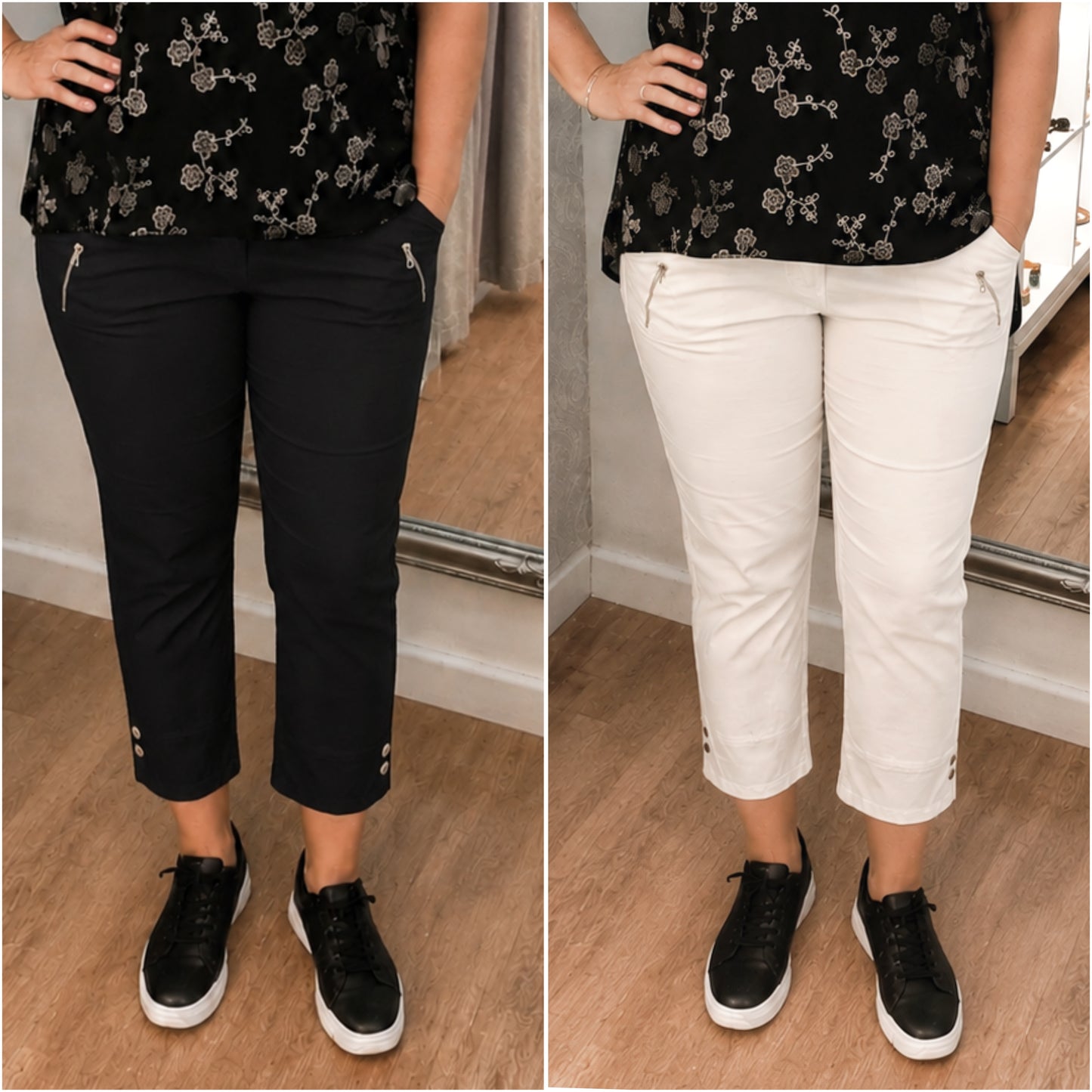 BLACK. 3/4 Cropped Magic Button Super Stretchy Trousers- Various Sizes