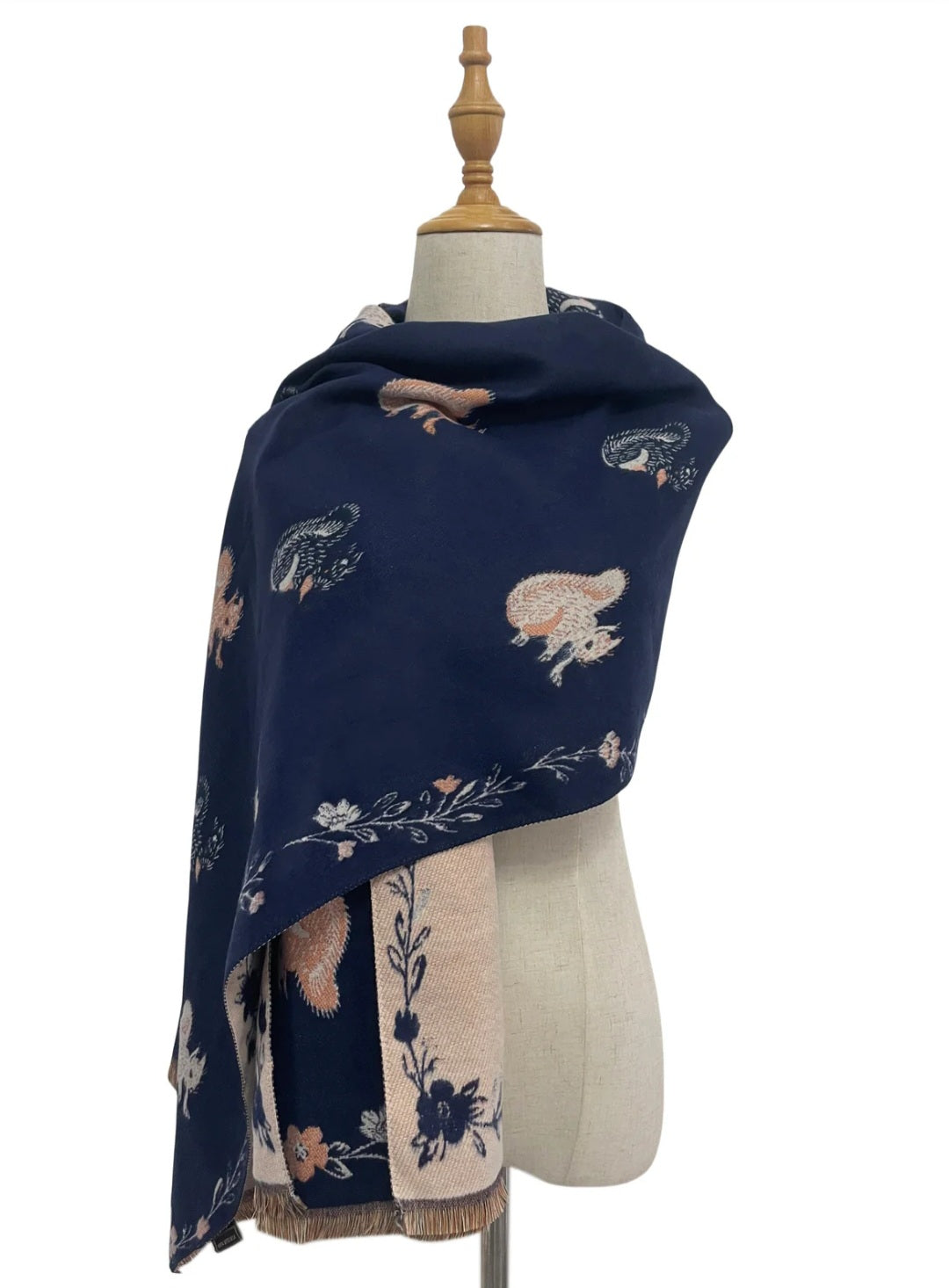Squirrel Reversible Shawl Scarf-Navy