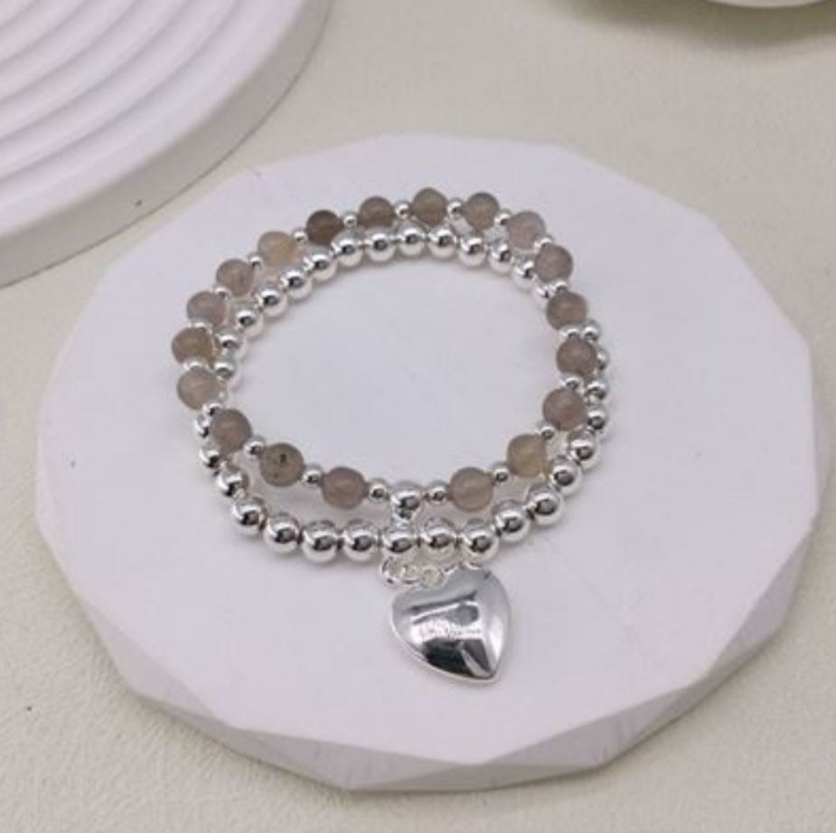 Multi-layer Nugget Grey & Silver Charm Bracelet