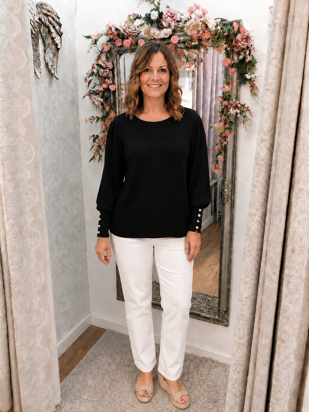 Gold Button Cuff Puff Shoulder Jumper 10-16