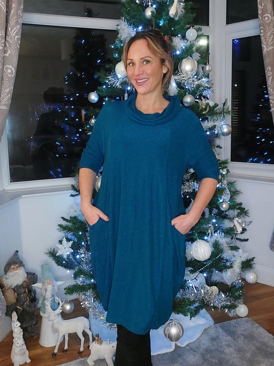 Teal Shimmer Cowl Neck Tunic