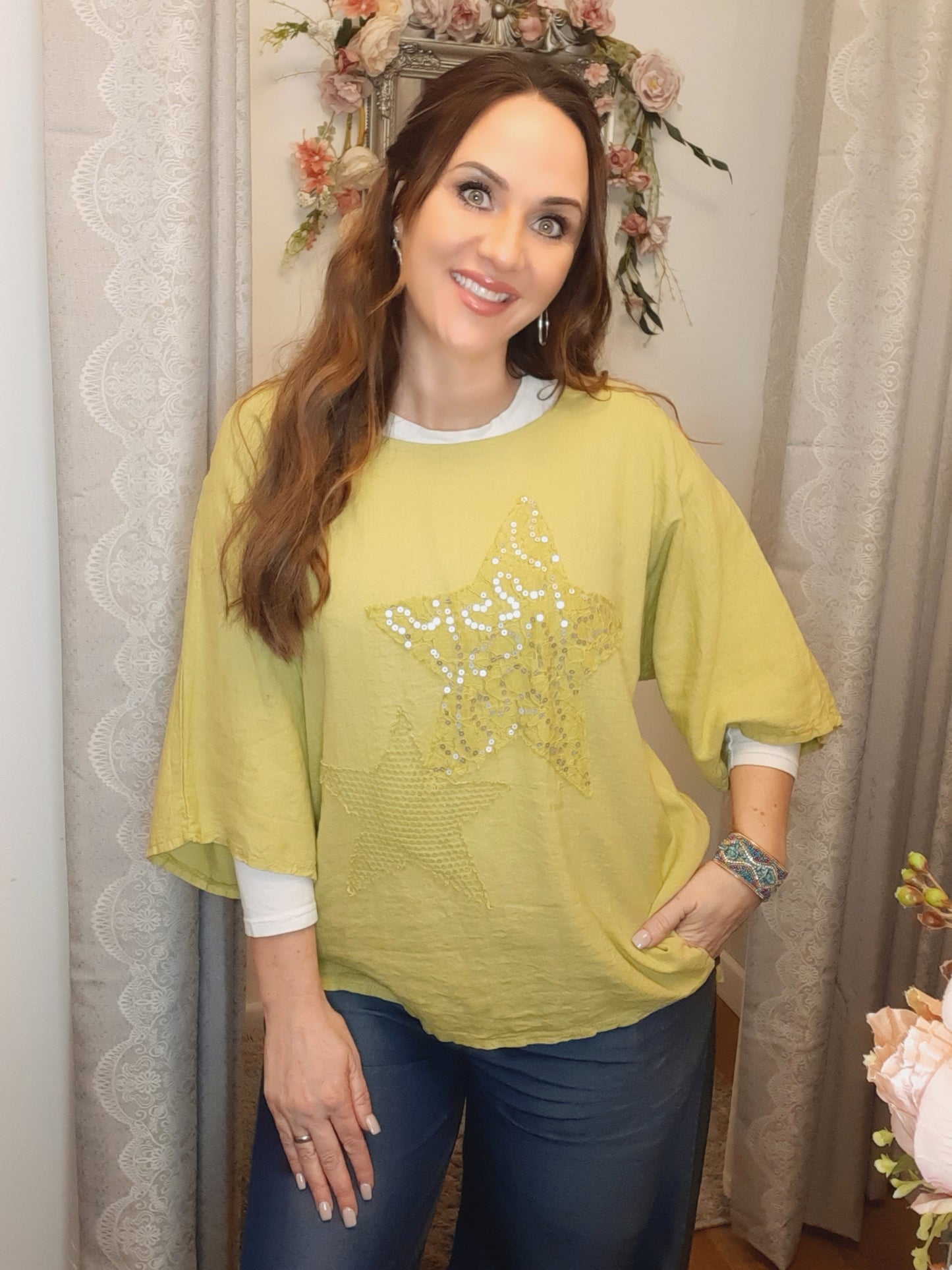 Sequin Star Linen Top-Lime