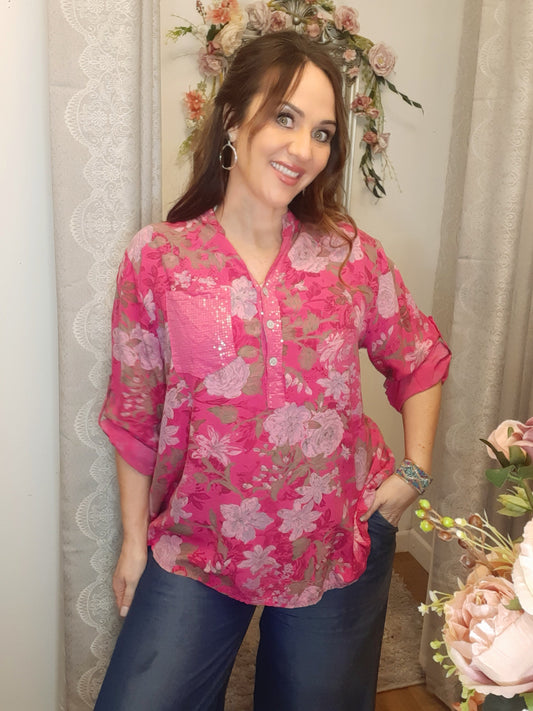 The Florine Top-Vintage Floral Sequin Blouse-Fushia 8-16