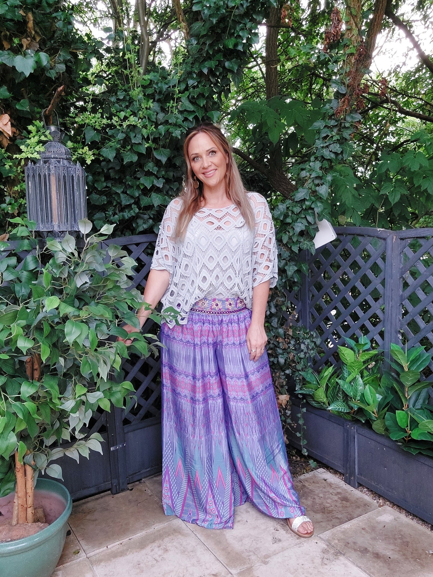 Boho Embellished Palazzo 100% Silk trousers 12-16/18