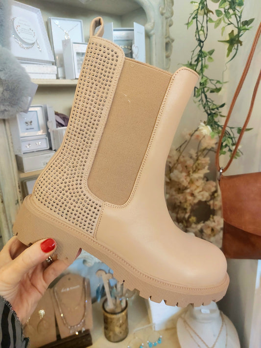 Beige Diamond stud ankle boots 3-8