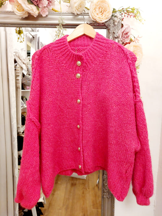 Fushia Chunky Knit Military Button Cardigan 10-18