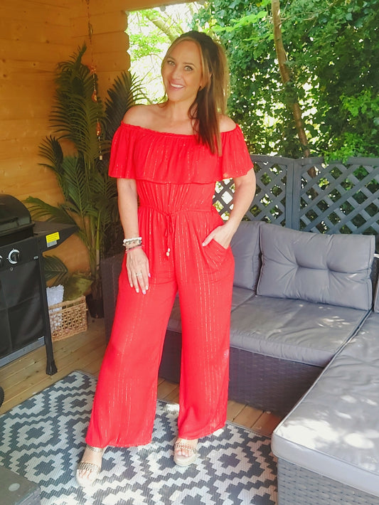 Topicana Red & Gold Bardot Jumpsuit-Various Sizes