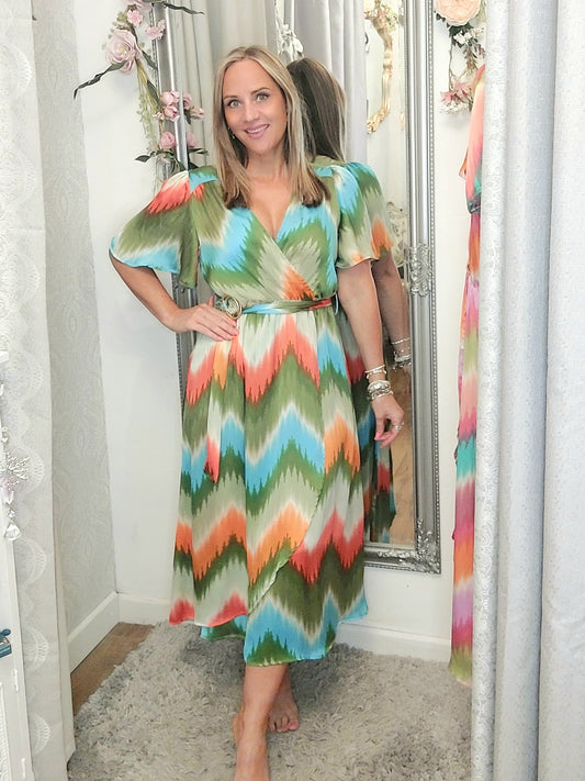 **SALE **  The Rainbow  Wrap Belt Midi Dress-Green