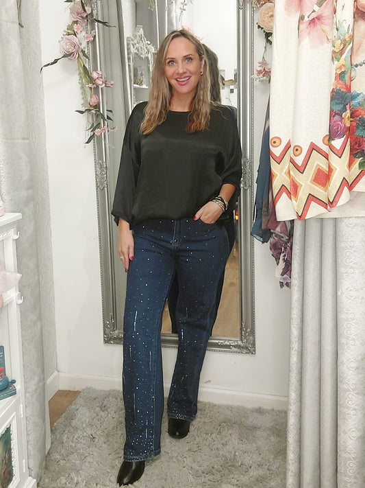 Rhinestone Indigo Wide Leg Stretch Jeans.
