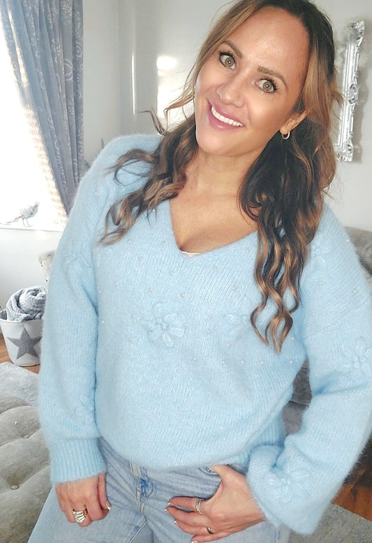 *FLASH SALE* 3D Pearl Daisy Fluffy Vneck Jumper-Various Colours 8-16