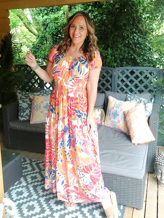 Tropical Print Bardot Maxi Dress-2 Colours 10-18/20