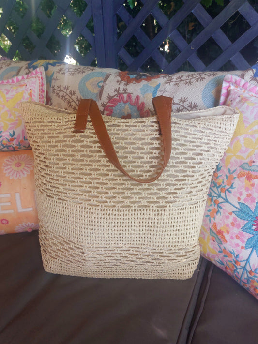 X-Large Light Beige Woven Lined Zipped Beach Bag