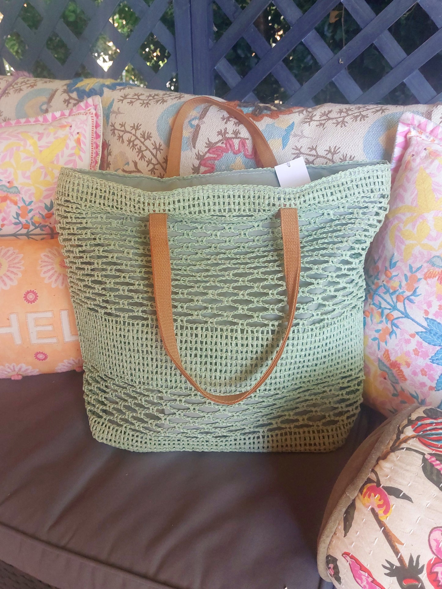 X-Large Sage Woven Lined Zipped Beach Bag