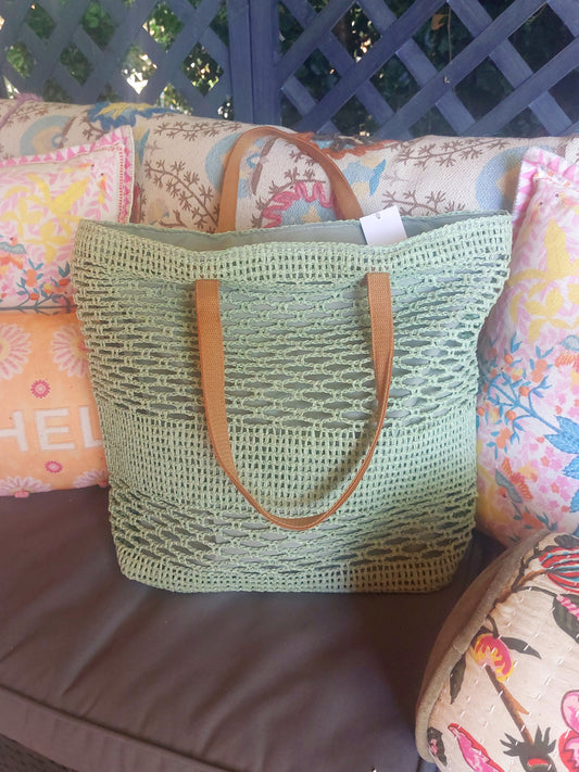 X-Large Sage Woven Lined Zipped Beach Bag