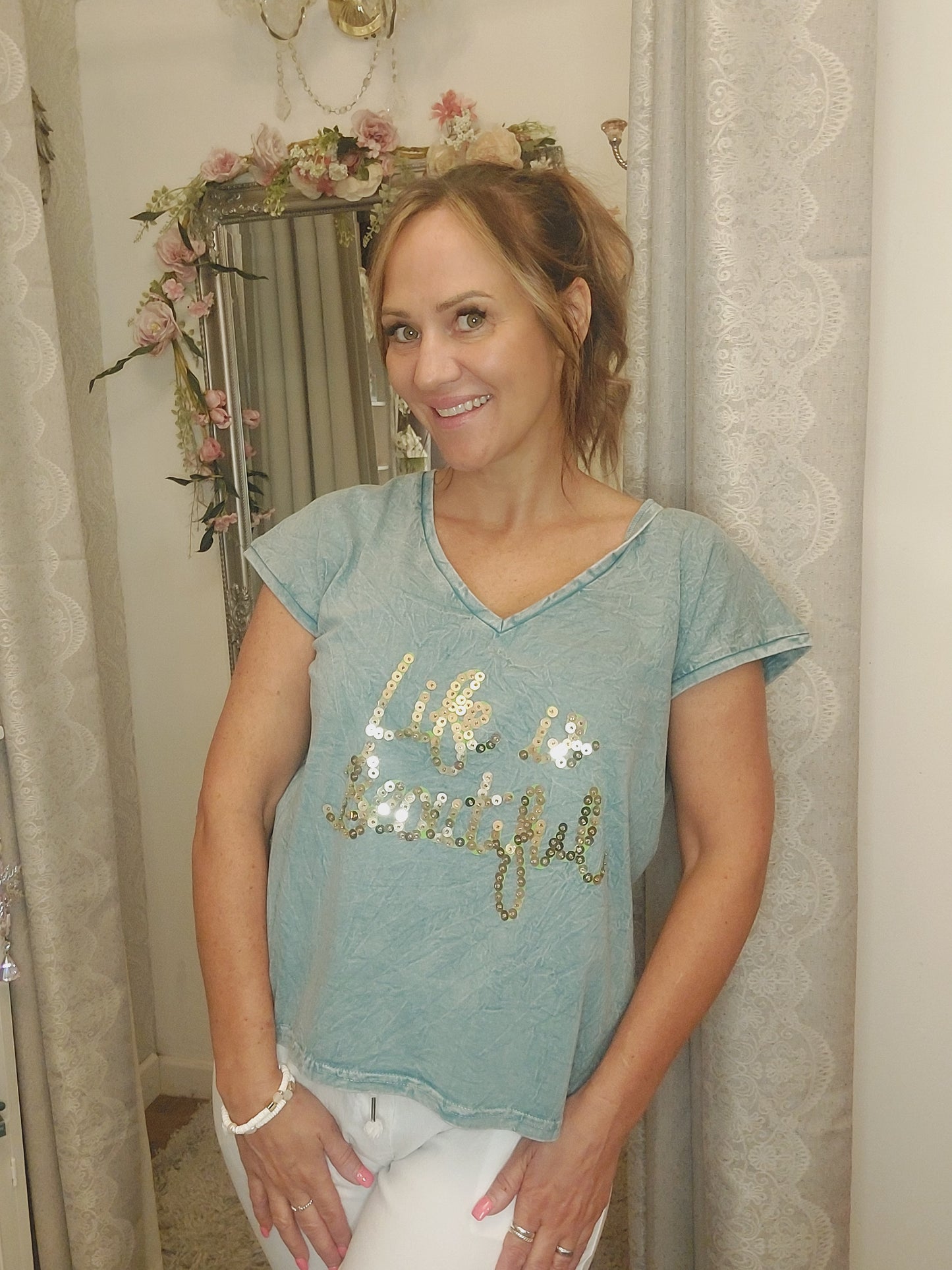 **SALE**  Gold sequin life is beautiful faded tshirt 10-18