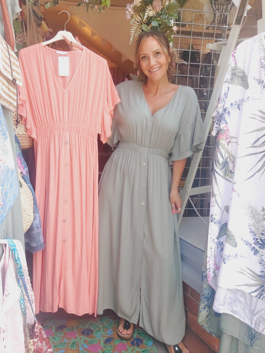 **SALE** The Grecian Khaki & Coral Maxi Dress 8-18