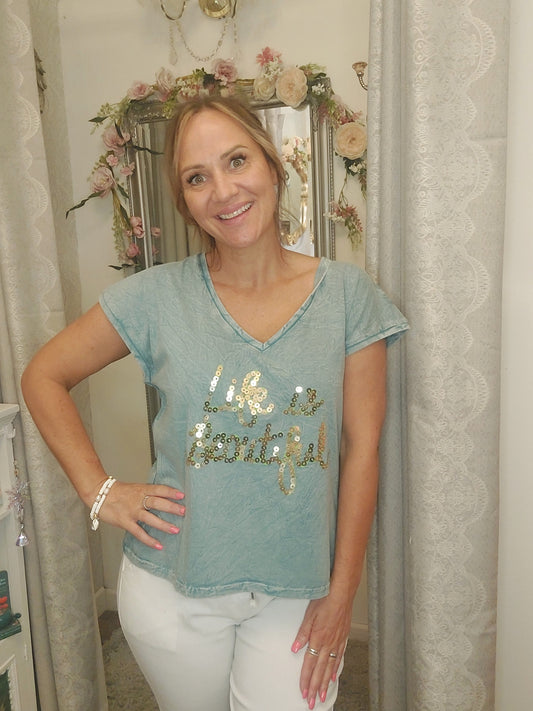 **SALE**  Gold sequin life is beautiful faded tshirt 10-18