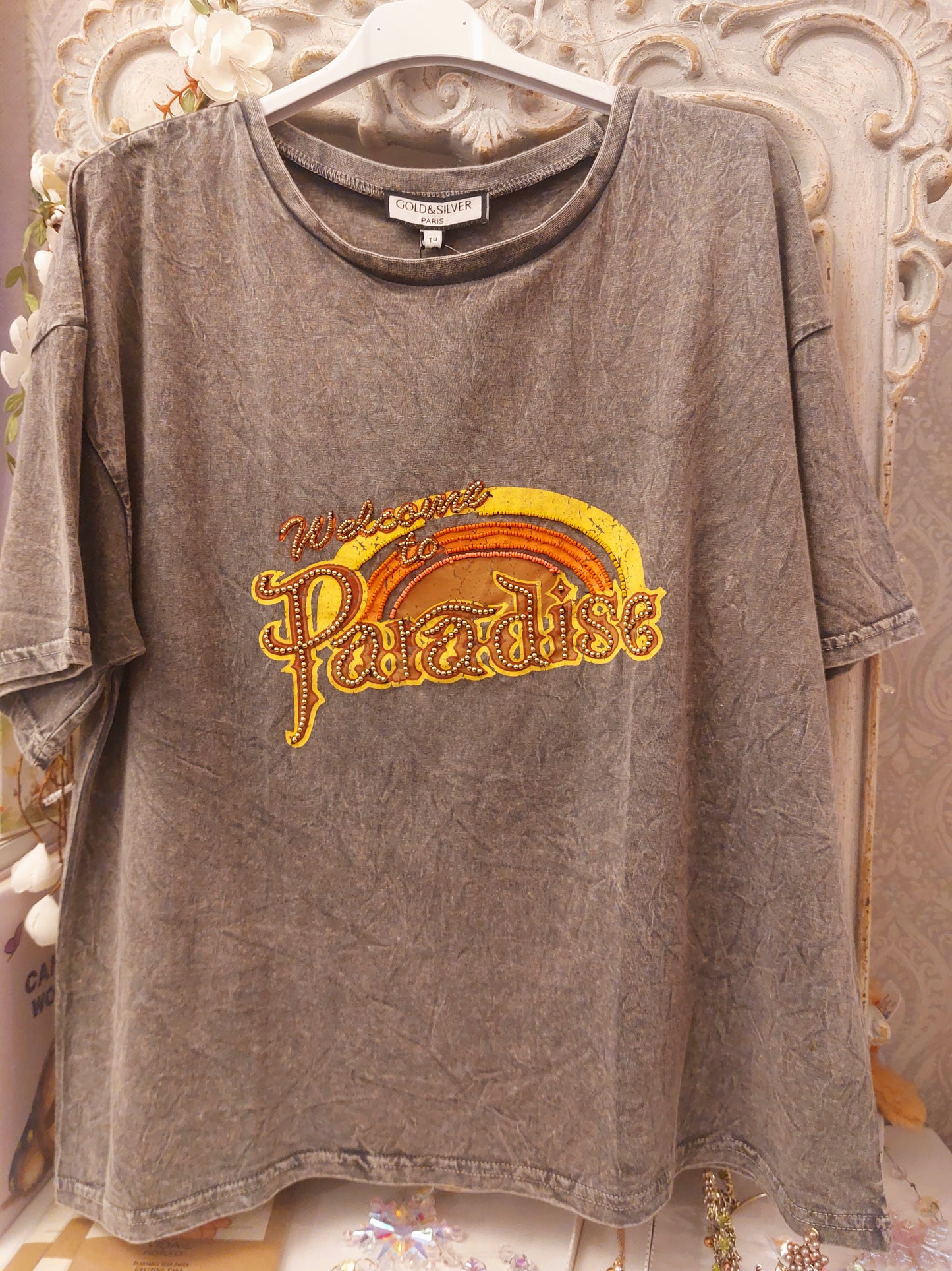 **SALE**  Embellished 'Welcome to Paradise' Faded Tshirt 8-18
