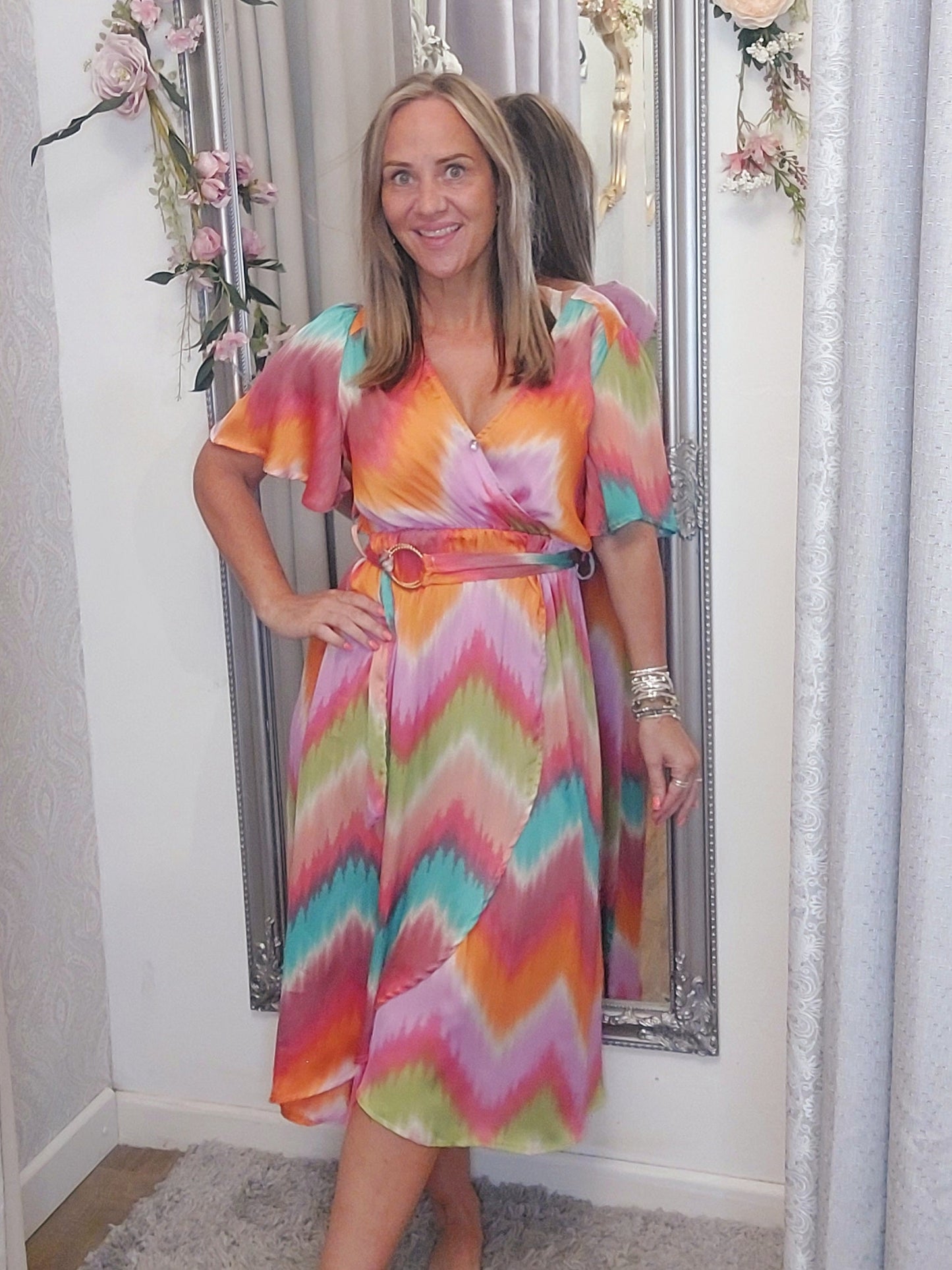 Vibrant Pink Wrap Belt Midi Dress-Various Sizes 8-16