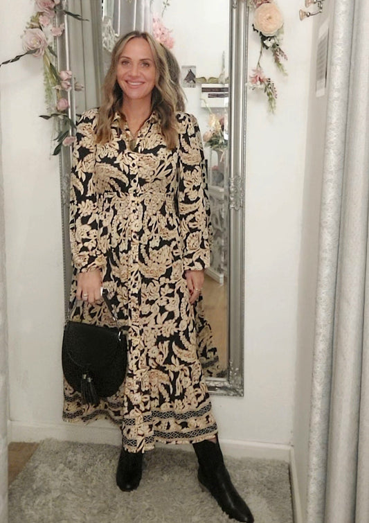The Ivy-Autumn Cream & Black Maxi/Midi Shirt Dress           Various Sizes 8-18